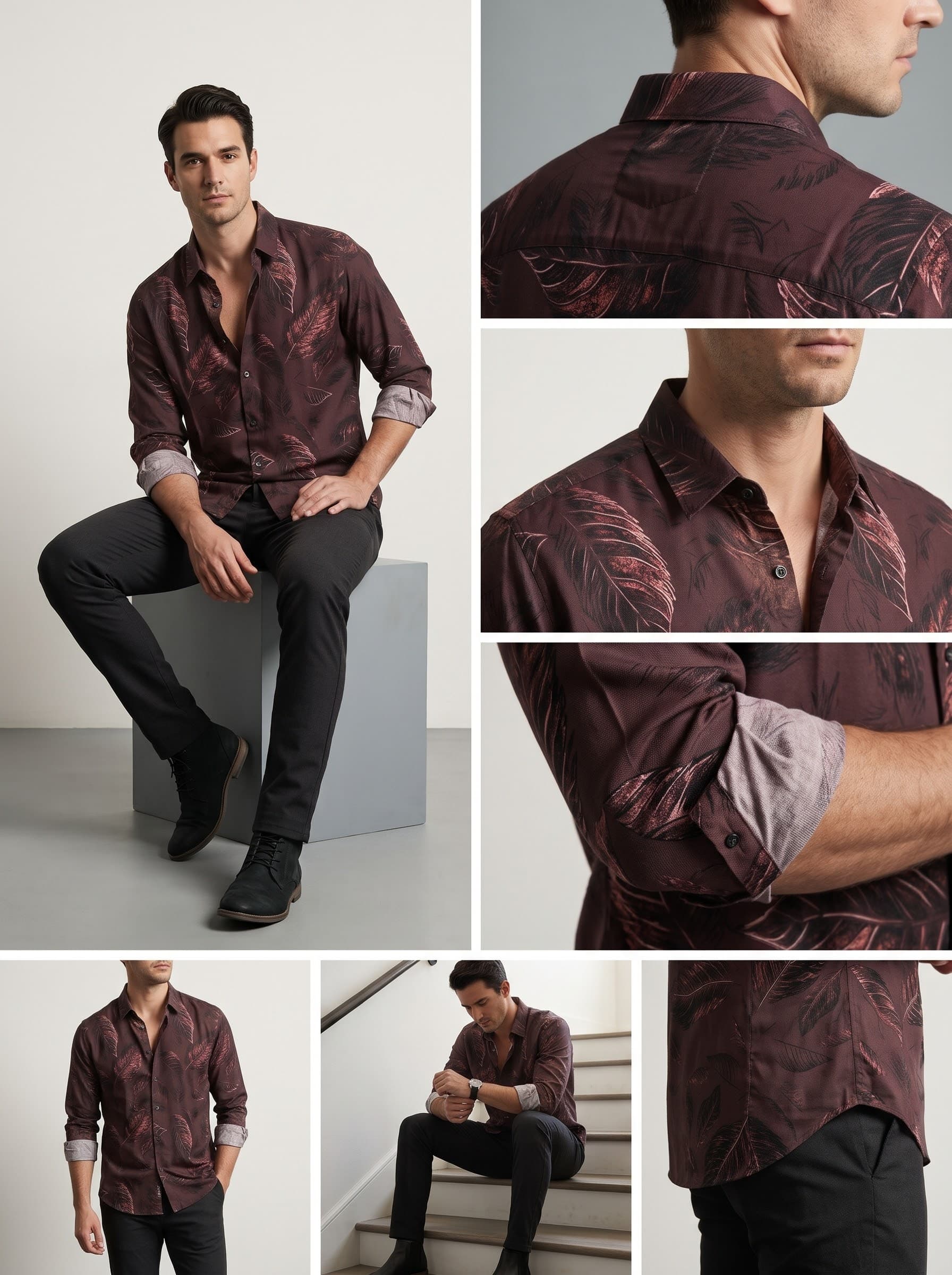 Burgundy Espresso Botanical Sketch Patterned Casual Shirt — Burgundy — view 3
