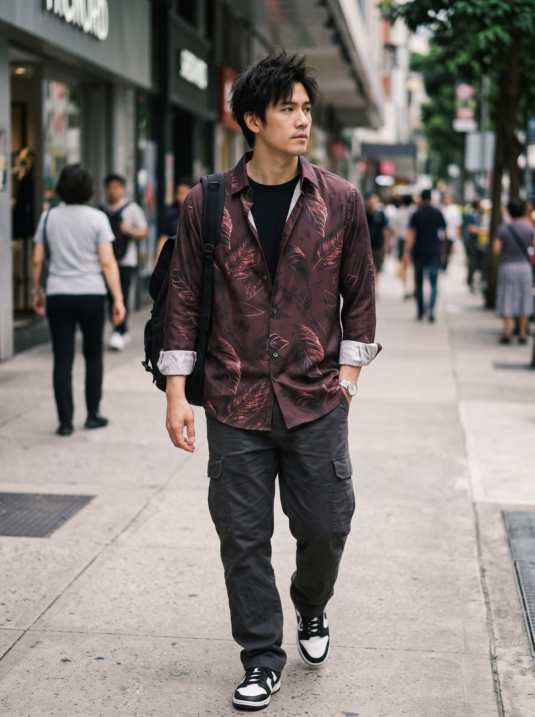 Burgundy Espresso Botanical Sketch Patterned Casual Shirt