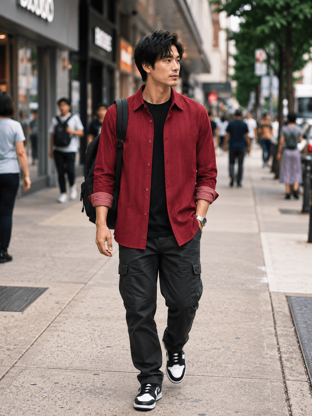 Burgundy Tonal Geometric Jacquard Textured Casual Shirt — Wine Red — view 1
