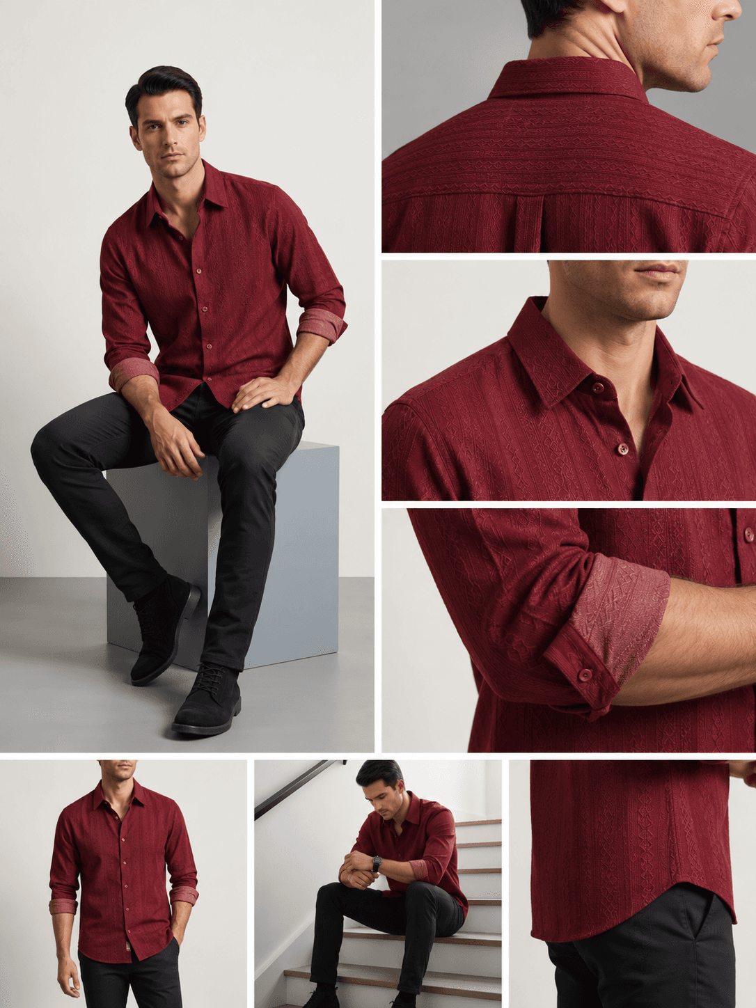 Burgundy Tonal Geometric Jacquard Textured Casual Shirt — Wine Red — view 3