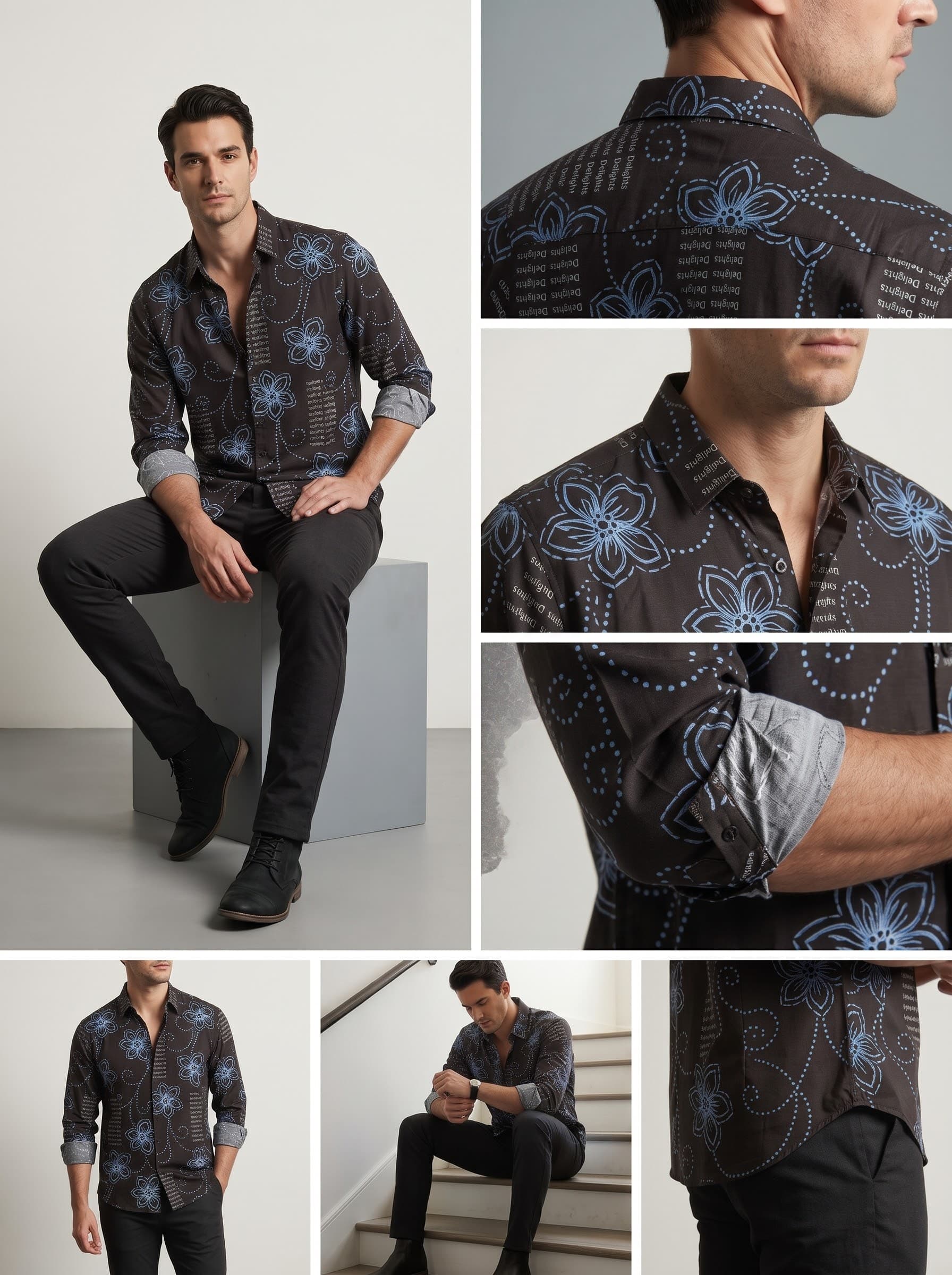 Dark Espresso Botanical & Dotted Swirl Typography Casual Shirt — Black — view 3