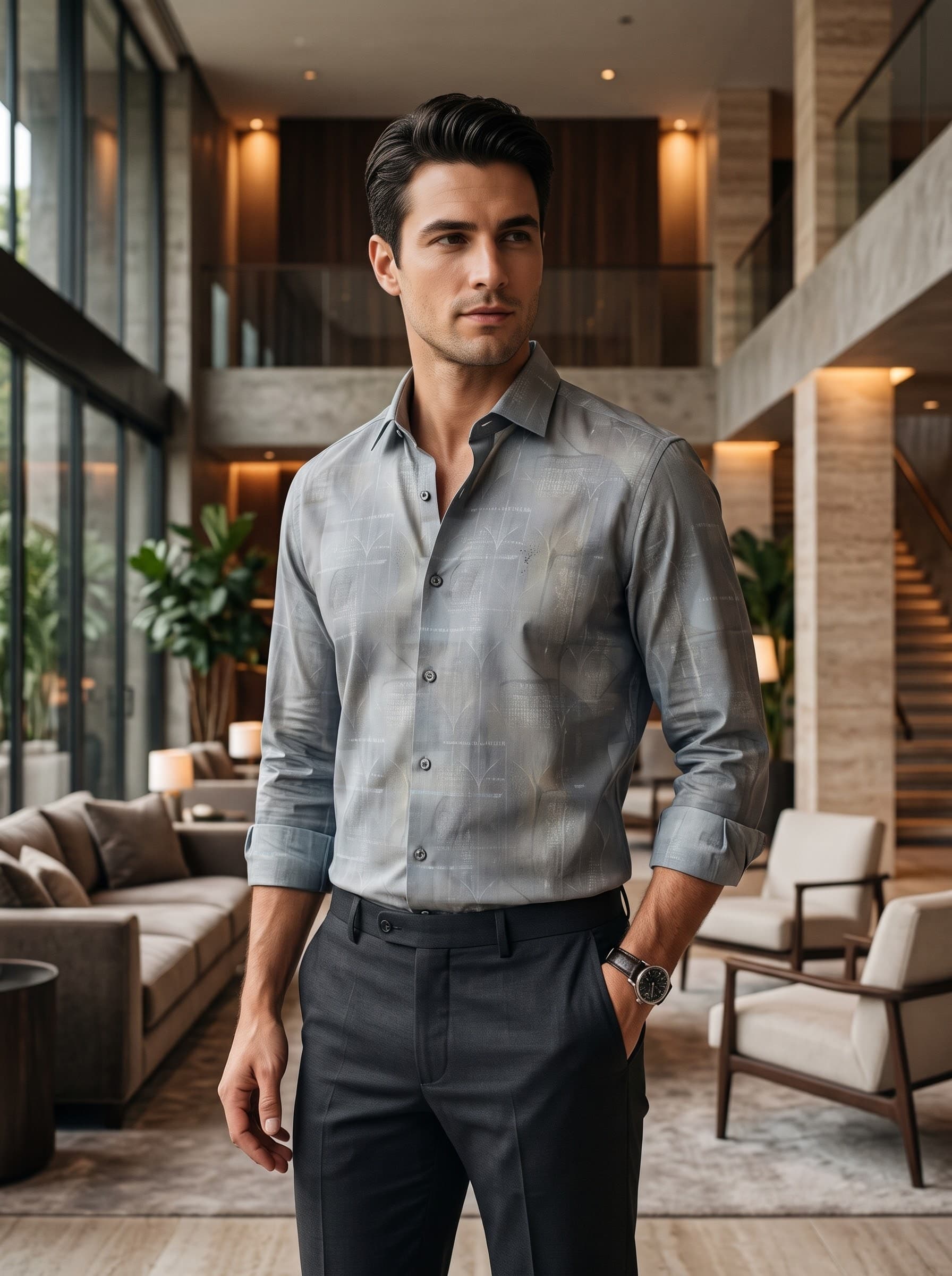 Men’s Premium Dusty Grey Abstract Print Long-Sleeve Shirt