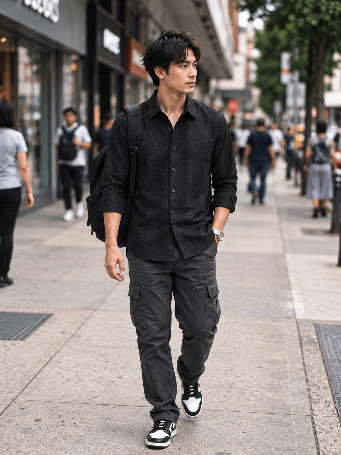 Midnight-Black Subtle Geometric Jacquard Textured Casual Shirt. — Black — view 1