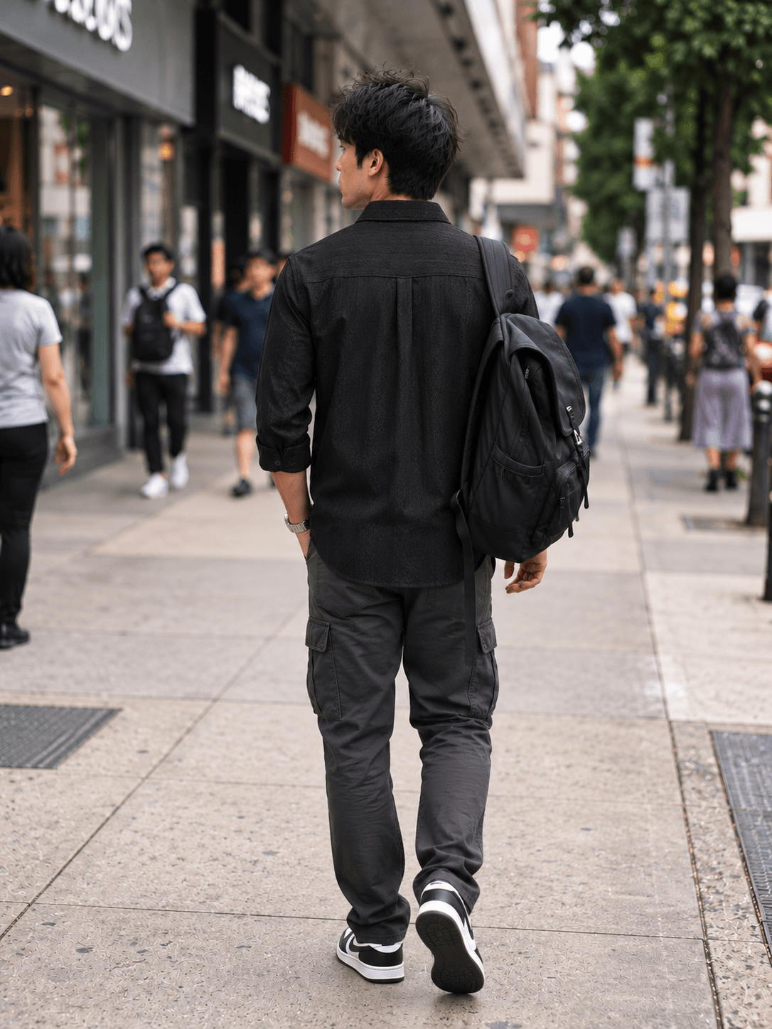 Midnight-Black Subtle Geometric Jacquard Textured Casual Shirt. — Black — view 2