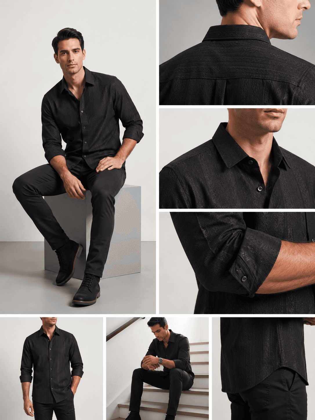 Midnight-Black Subtle Geometric Jacquard Textured Casual Shirt. — Black — view 3
