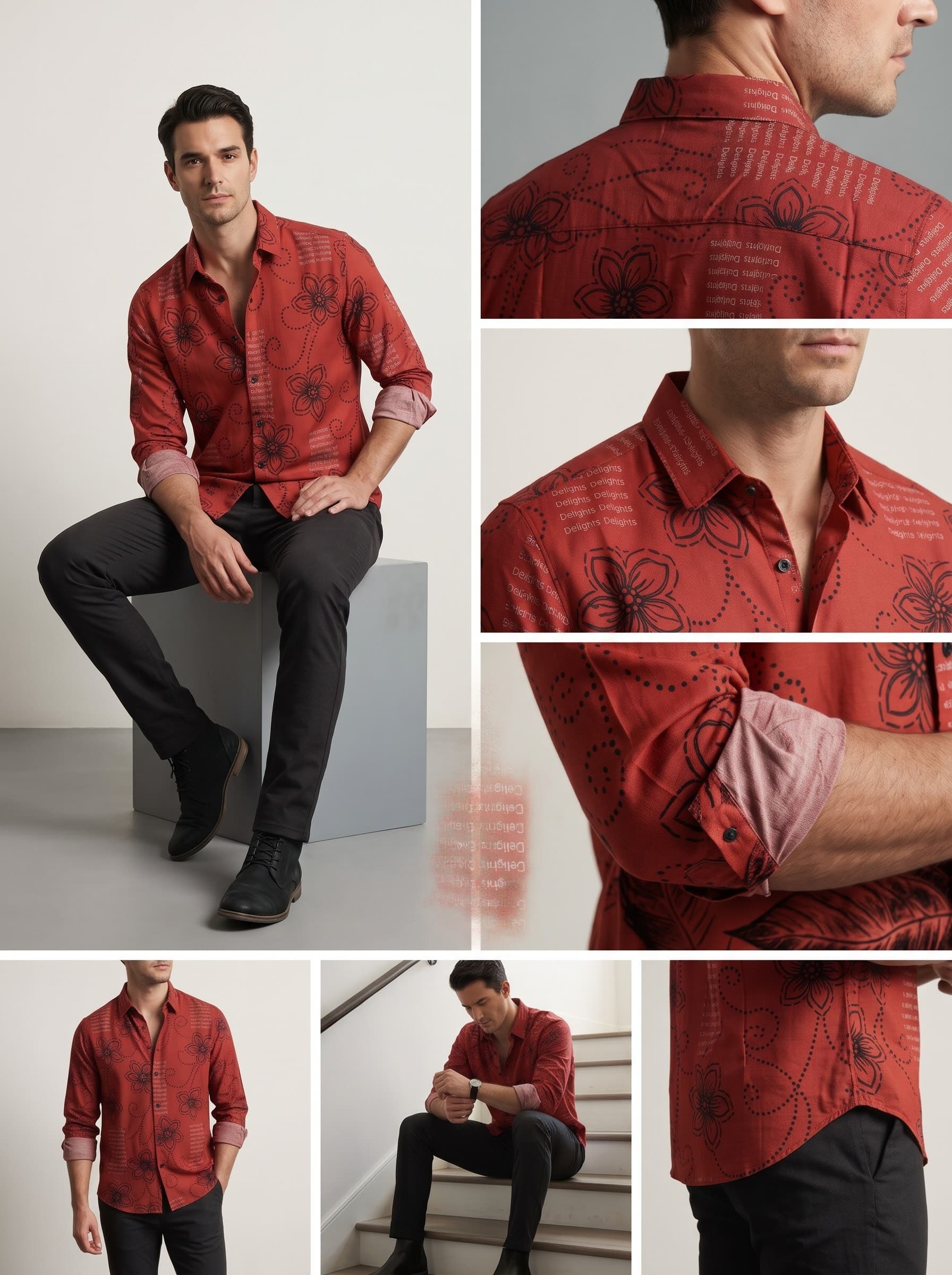 Rust-Red Botanical & Dotted Swirl Typography Casual Shirt — Rust Red — view 3