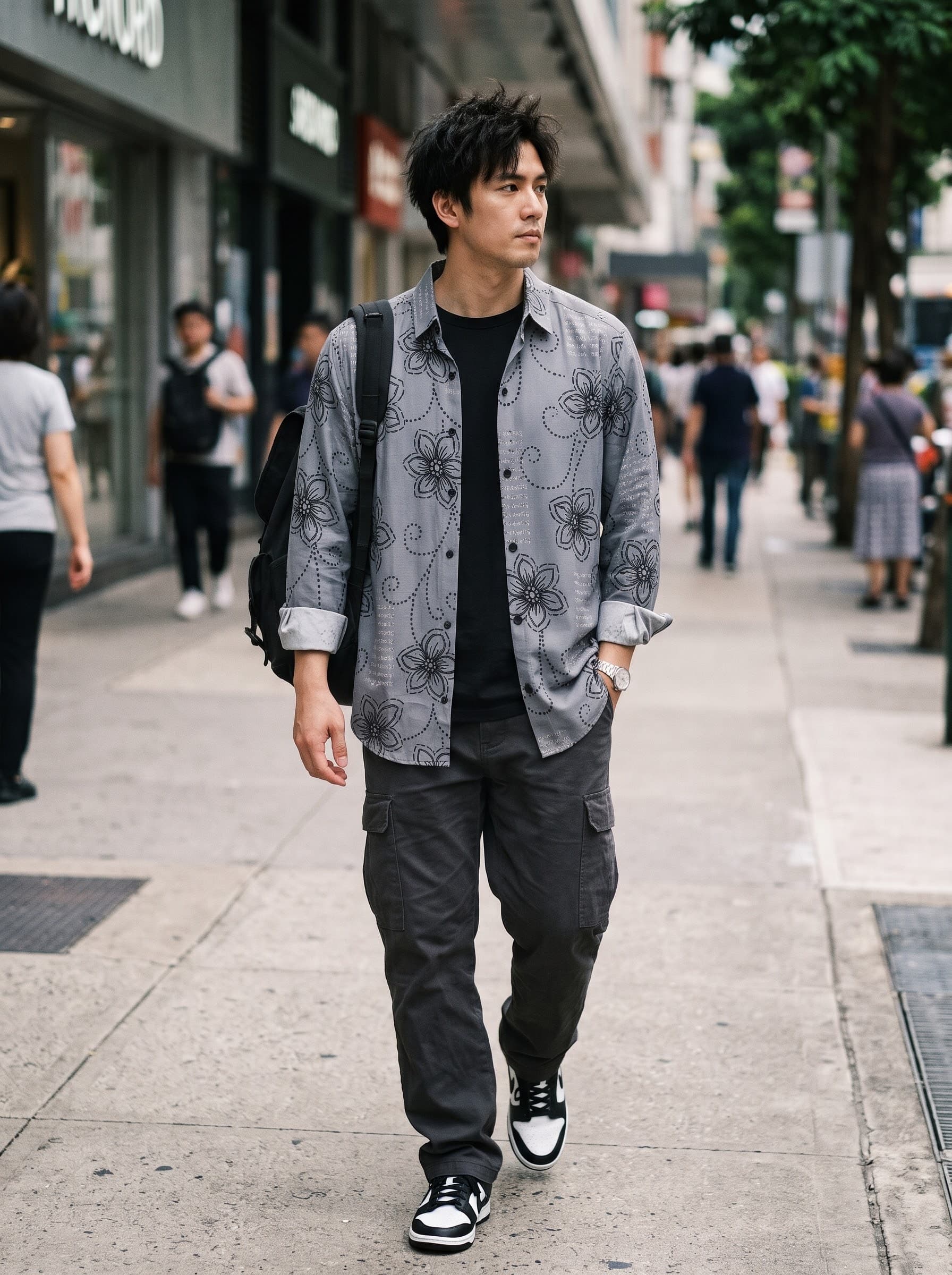 Steel Grey Botanical & Dotted Swirl Typography Casual Shirt — Steel Grey — view 1