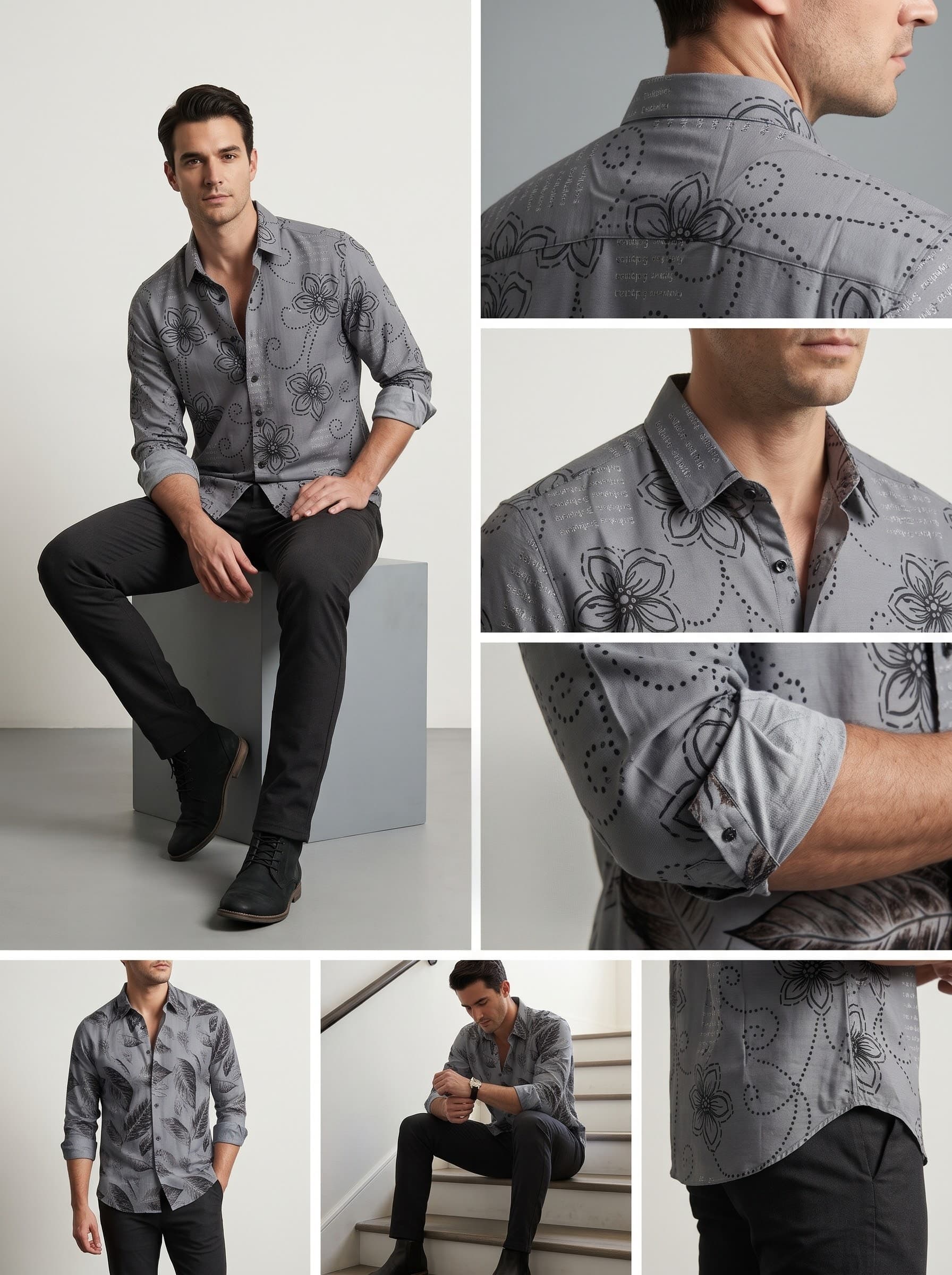 Steel Grey Botanical & Dotted Swirl Typography Casual Shirt — Steel Grey — view 3