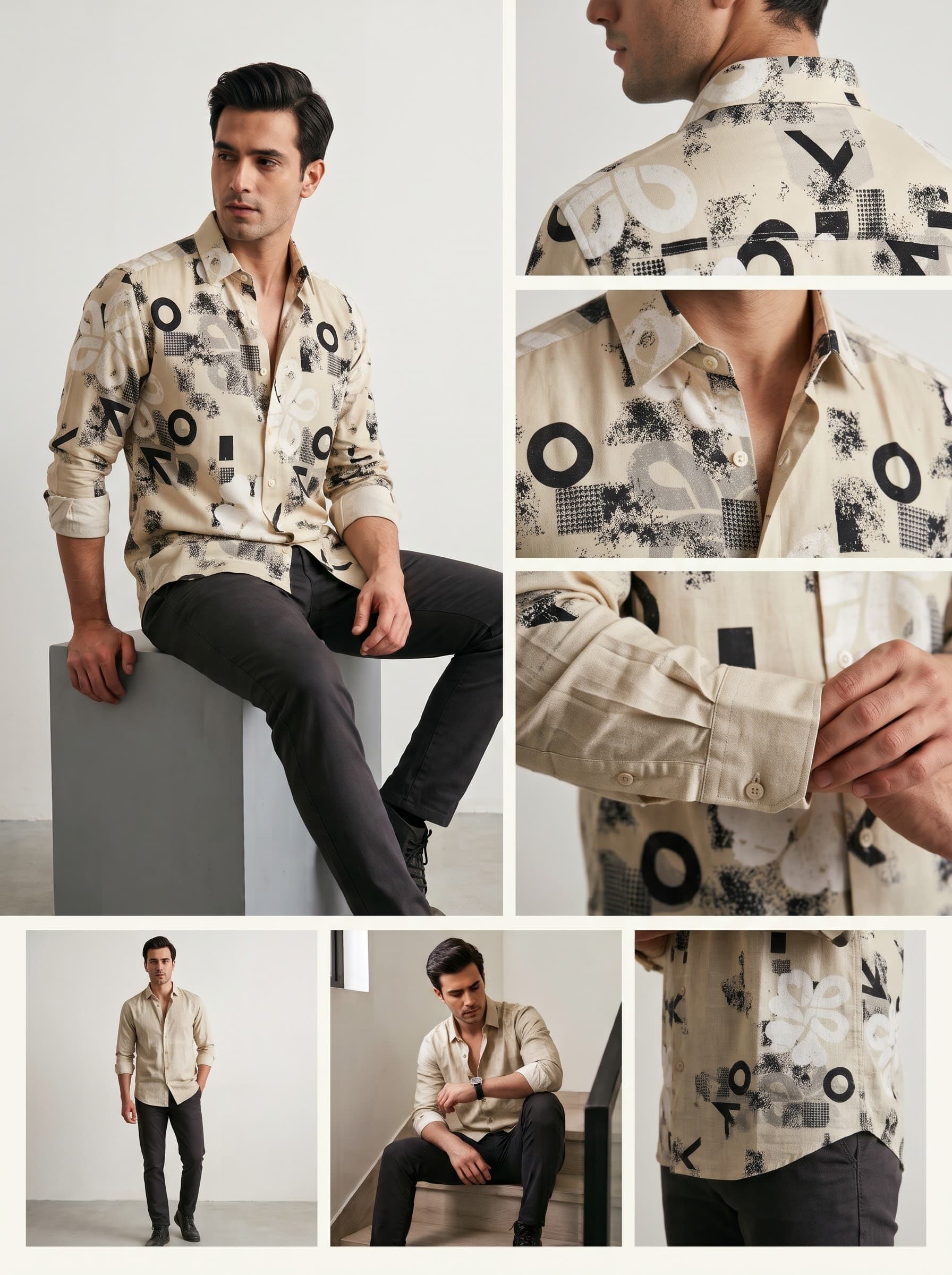 Warm Sand Geometric & Floral Grunge Patterned Casual Shirt