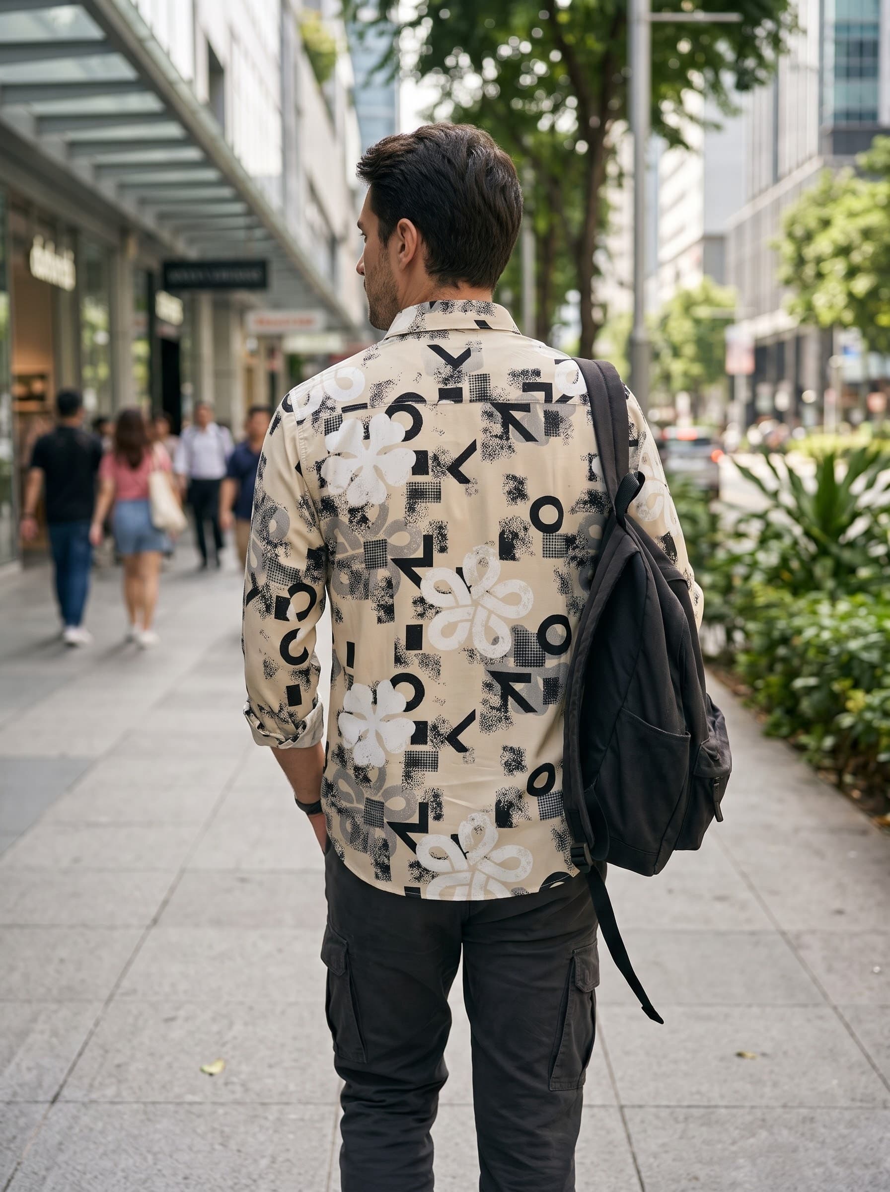 Warm Sand Geometric & Floral Grunge Patterned Casual Shirt — Cream Beige — view 3