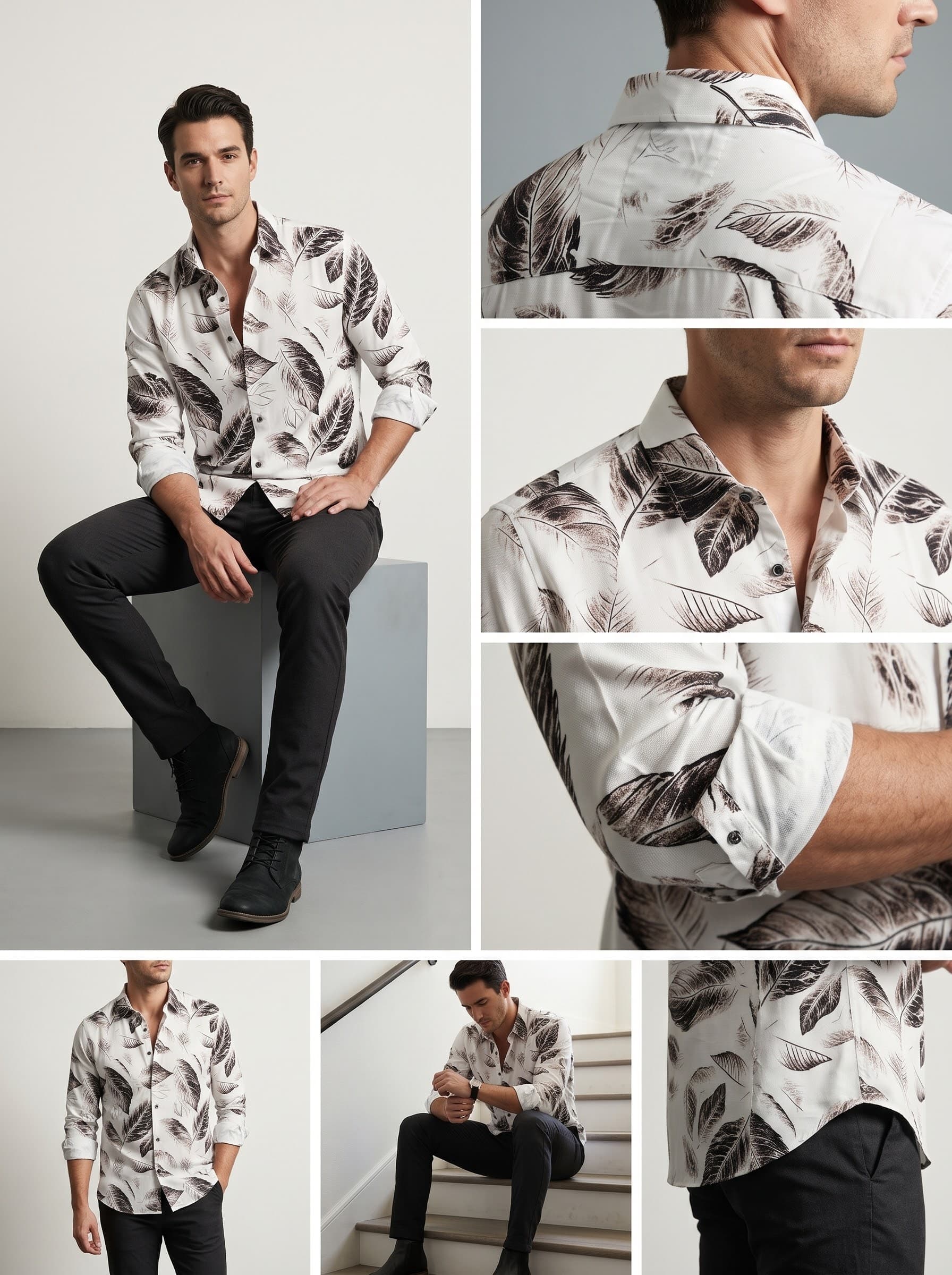 White Espresso Foliage Sketch Patterned Casual Shirt — White — view 3