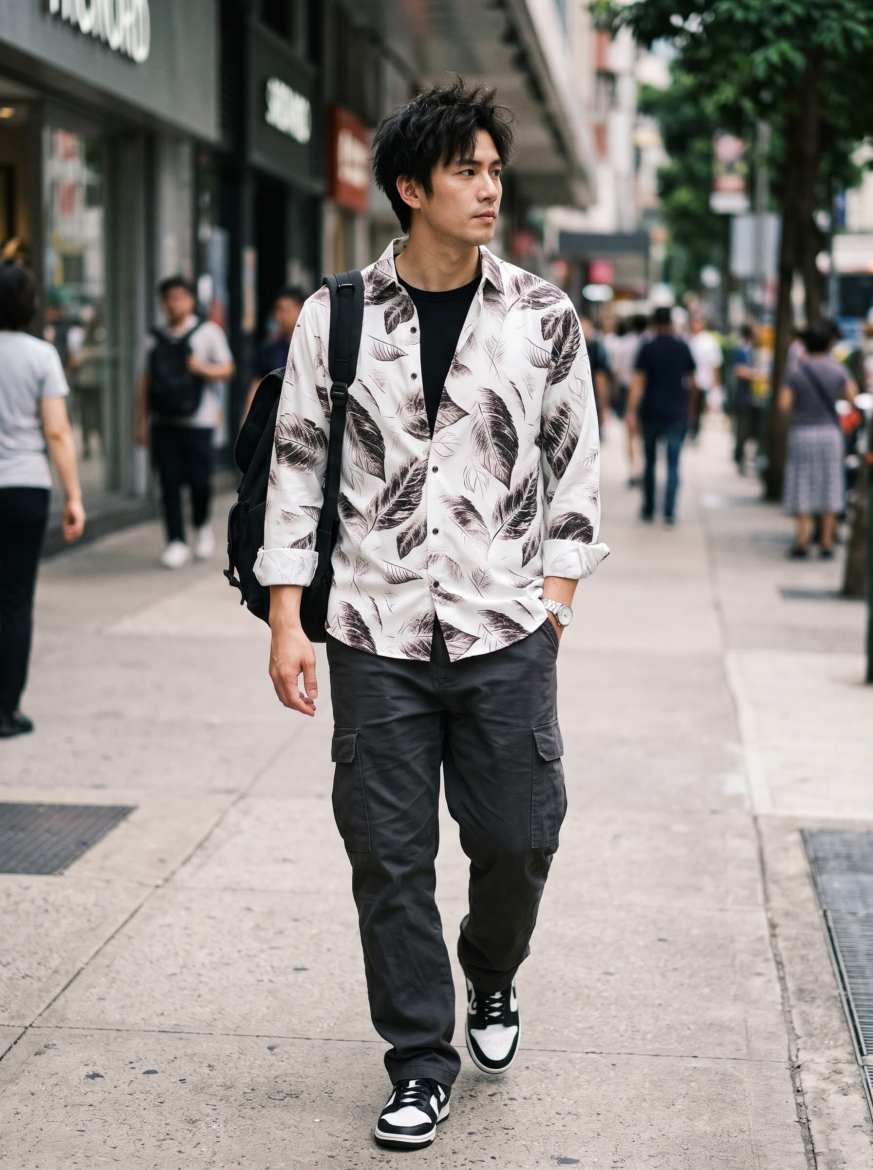 White Espresso Foliage Sketch Patterned Casual Shirt — White — view 1